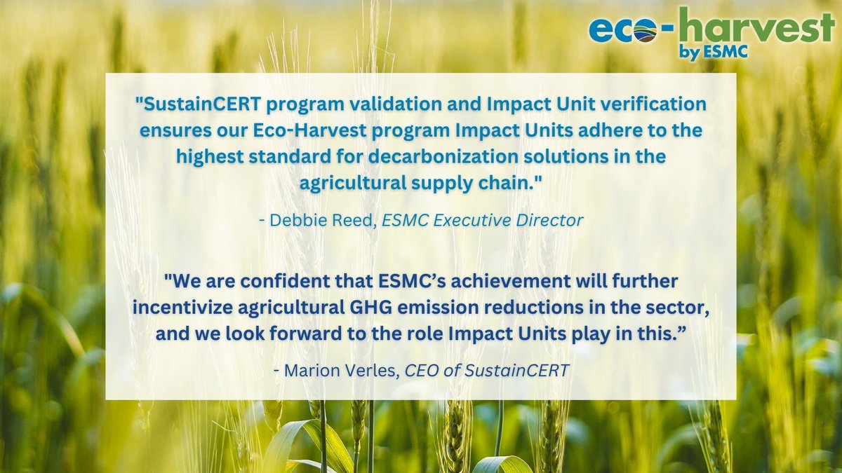 Ecosystem Services Market Consortium (@marketecosystem) on Twitter photo We just completed validation and verification from <a href="/SustainCERT/">SustainCert</a> for Eco-Harvest Scope 3 project Impact Units. This process provides corporates certainty to claim soil carbon removals and GHG reductions for ag carbon projects. ecosystemservicesmarket.org/esmc_issues_ve⦠We just completed validation and verification from <a href="/SustainCERT/">SustainCert</a> for Eco-Harvest Scope 3 project Impact Units. This process provides corporates certainty to claim soil carbon removals and GHG reductions for ag carbon projects. ecosystemservicesmarket.org/esmc_issues_veā¦