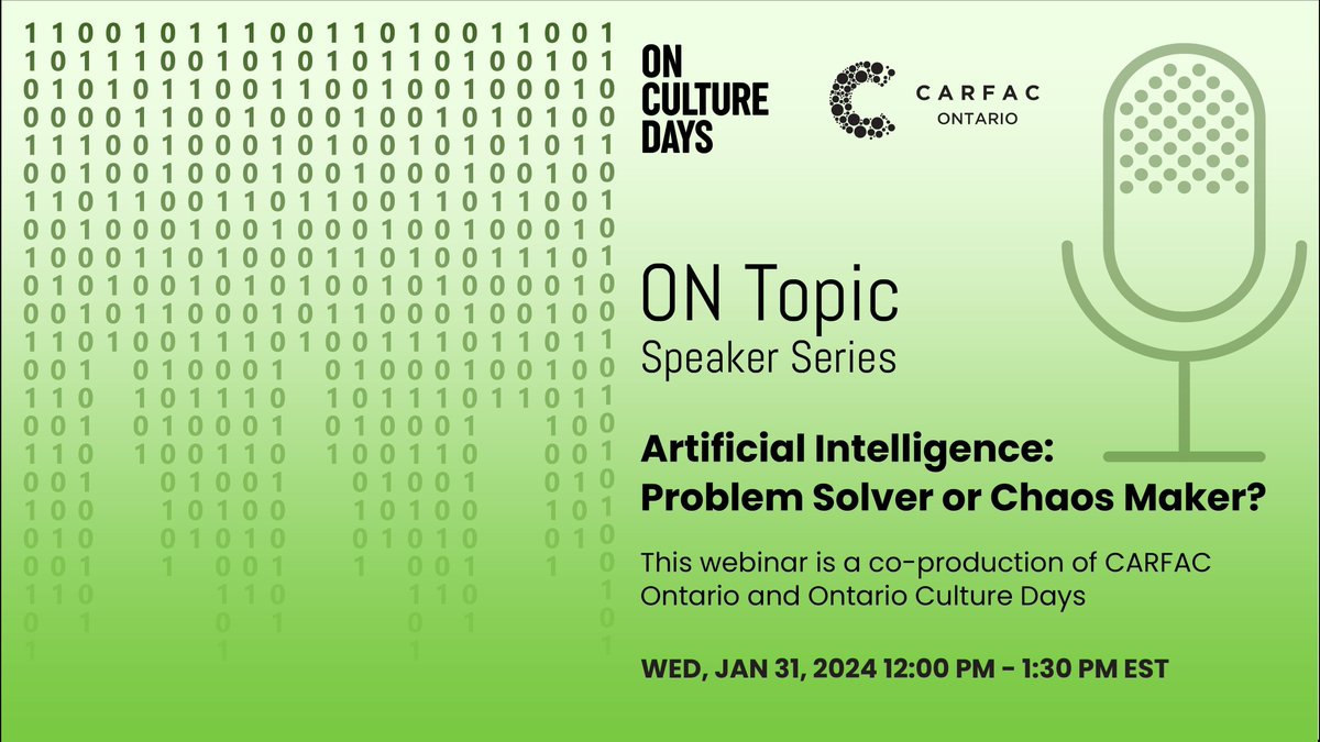ONCultureDays's tweet photo. How will AI affect artists?
We'll discuss this in a FREE webinar:
Artificial Intelligence: Problem Solver or Chaos Maker?
📅 Wed. Jan. 31, 12-1:30PM
🔗 https://t.co/3gJryl93Y4
In partnership with @carfacontario. Featuring Scott Benesiinaabandan, @vavacolor & Jason Samilski. https://t.co/ByHDQ3KmV6
