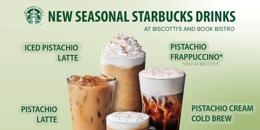 ☕✨ Indulge in these limited-time Starbucks seasonal favorites! 🍂 
Available at Biscotti's and Book Bistro. 
Sip, savor and enjoy the cozy vibes! 
#SeasonalSips #LimitedTimeOffer #Biscottis #BookBistro