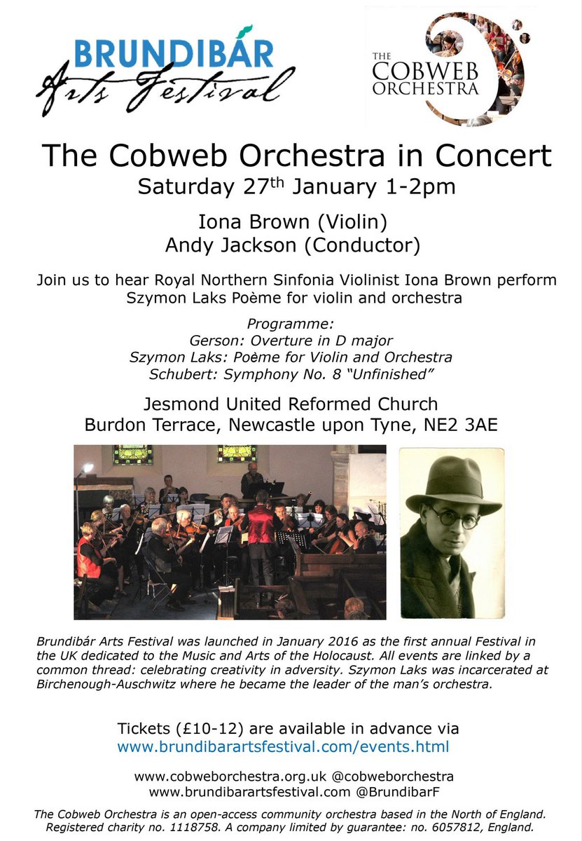 On Saturday, The <a href="/cobweborchestra/">Cobweb Orchestra</a> has an exciting programme lined up for us, including Szymon Laks’ Poème for violin and orchestra, featuring Iona Brown of <a href="/RNSinfonia/">Royal Northern Sinfonia</a>. Join us at 1pm at <a href="/JesmondURC/">Jesmond URC</a>.

Find out more and book tickets: 
eventbrite.co.uk/e/cobweb-orche…
