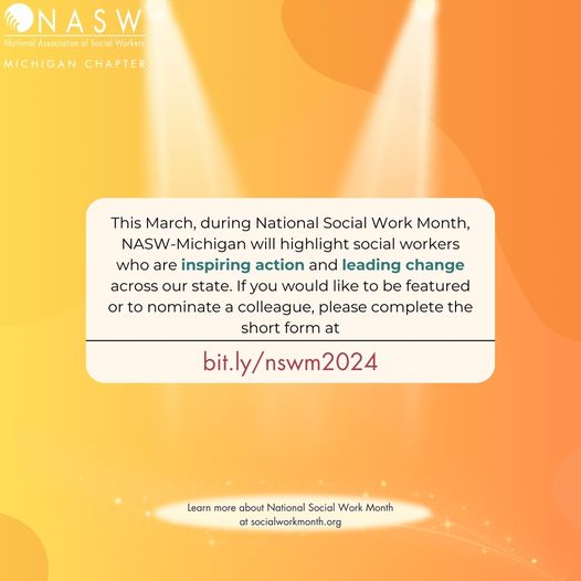 We know our Social Work Warriors inspire change across the Mitten State, let's make sure everyone else knows! Be sure to submit your @NASWMI nominations Warriors! bit.ly/3Ogtqcc
