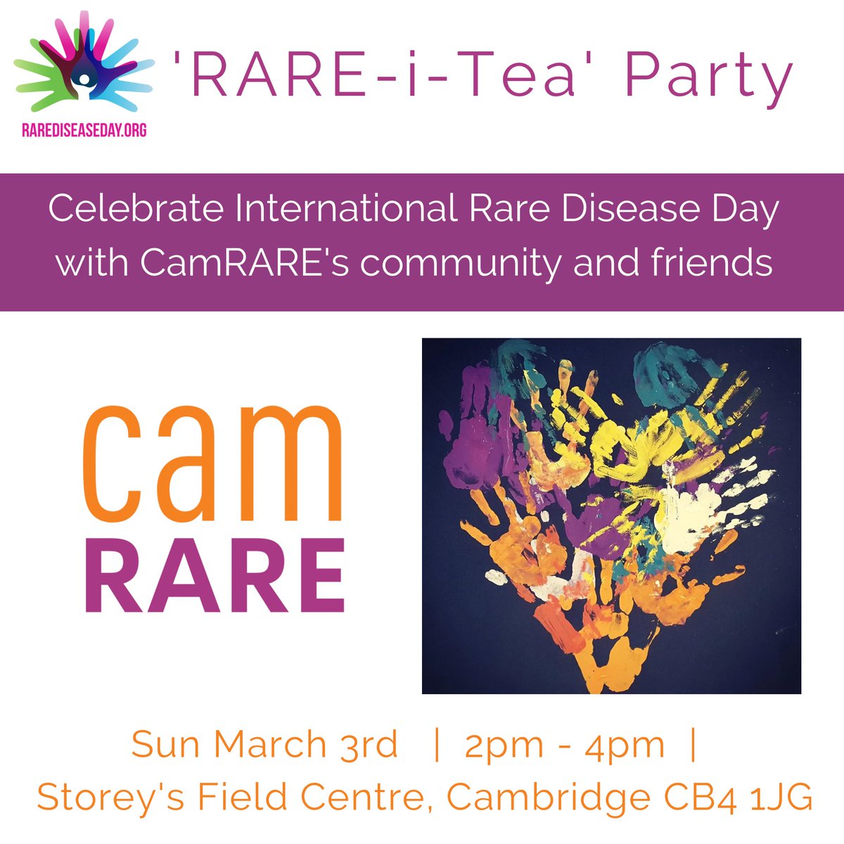 We’re holding our Rare-i-Tea Party on Sunday 3 March! Join CamRARE, #Cards4Bravery & Shake Rattle and Roll for refreshments, mingling, sensory fun, music and movement to celebrate #RareDiseaseDay Everyone welcome, tickets free via bit.ly/Rare-i-TeaPart… @rarediseaseday