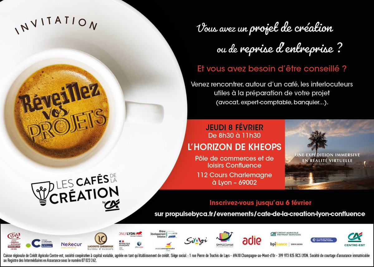 Créateurs d'entreprises, inscrivez vous avant le 06 février pour le café de la création qui se tiendra le 08 février à L'horizon de Kheops au 1er étage du pôle de commerces de Confluence. Vous aurez les meilleurs conseils de nos partenaires. nombre de places limitées).