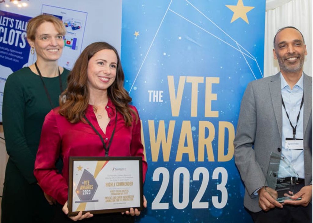 👏 Congrats to the Thrombosis Team at King’s College Hospital for winning the 2023 <a href="/ThrombosisUK/">Thrombosis UK</a> #VTE for outstanding patient resource. 

Their two-minute animation explains how to reduce the risk of developing dangerous blood clots when in hospital.

➡️ bit.ly/47OLWz6