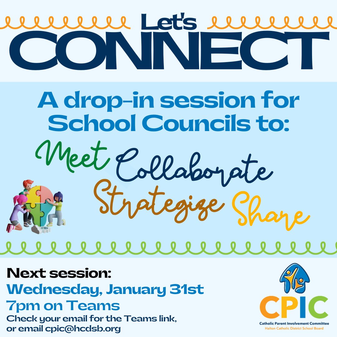 Halton CPIC (@haltoncpic) on Twitter photo Our first Let's Connect session of 2024 is just five days away! Join us on Weds, Jan 31st at 7pm.
This is YOUR time to discuss anything you want with other councils across <a href="/HCDSB/">Halton Catholic DSB</a>!
Can't make it? Feel free to send anyone else from your council in your place!
See you there! Our first Let's Connect session of 2024 is just five days away! Join us on Weds, Jan 31st at 7pm.
This is YOUR time to discuss anything you want with other councils across <a href="/HCDSB/">Halton Catholic DSB</a>!
Can't make it? Feel free to send anyone else from your council in your place!
See you there!