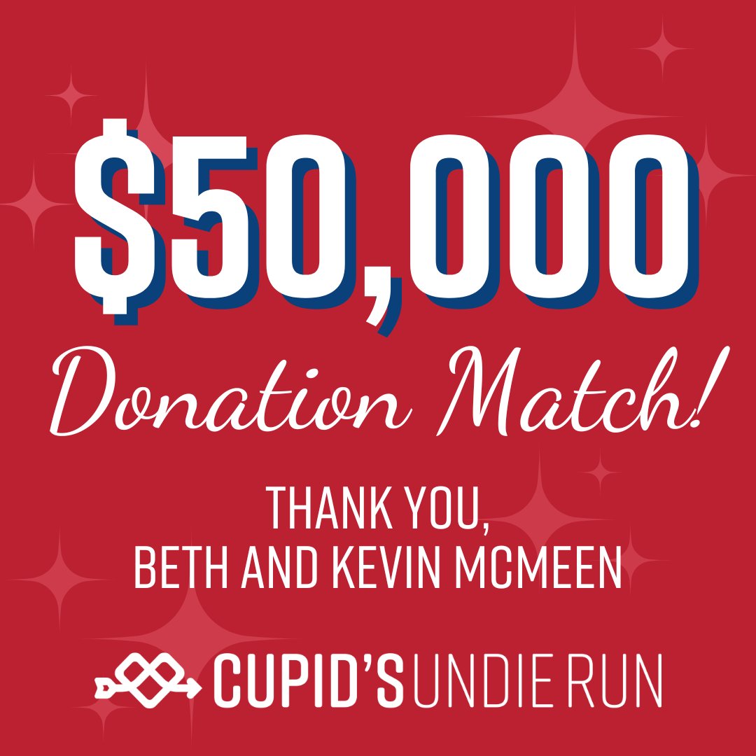 We have a MATCH! All donations will be matched up to $50,000 thanks to a generous donation from Beth and Kevin McMeen. 

Doubled donations count toward participant fundraising goals - so get those donation in quickly!
my.cupids.org/give/490588/#!…
