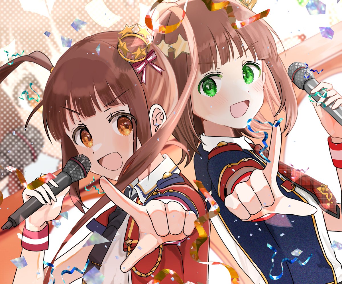 amami haruka multiple girls 2girls microphone brown hair green eyes crown holding microphone  illustration images