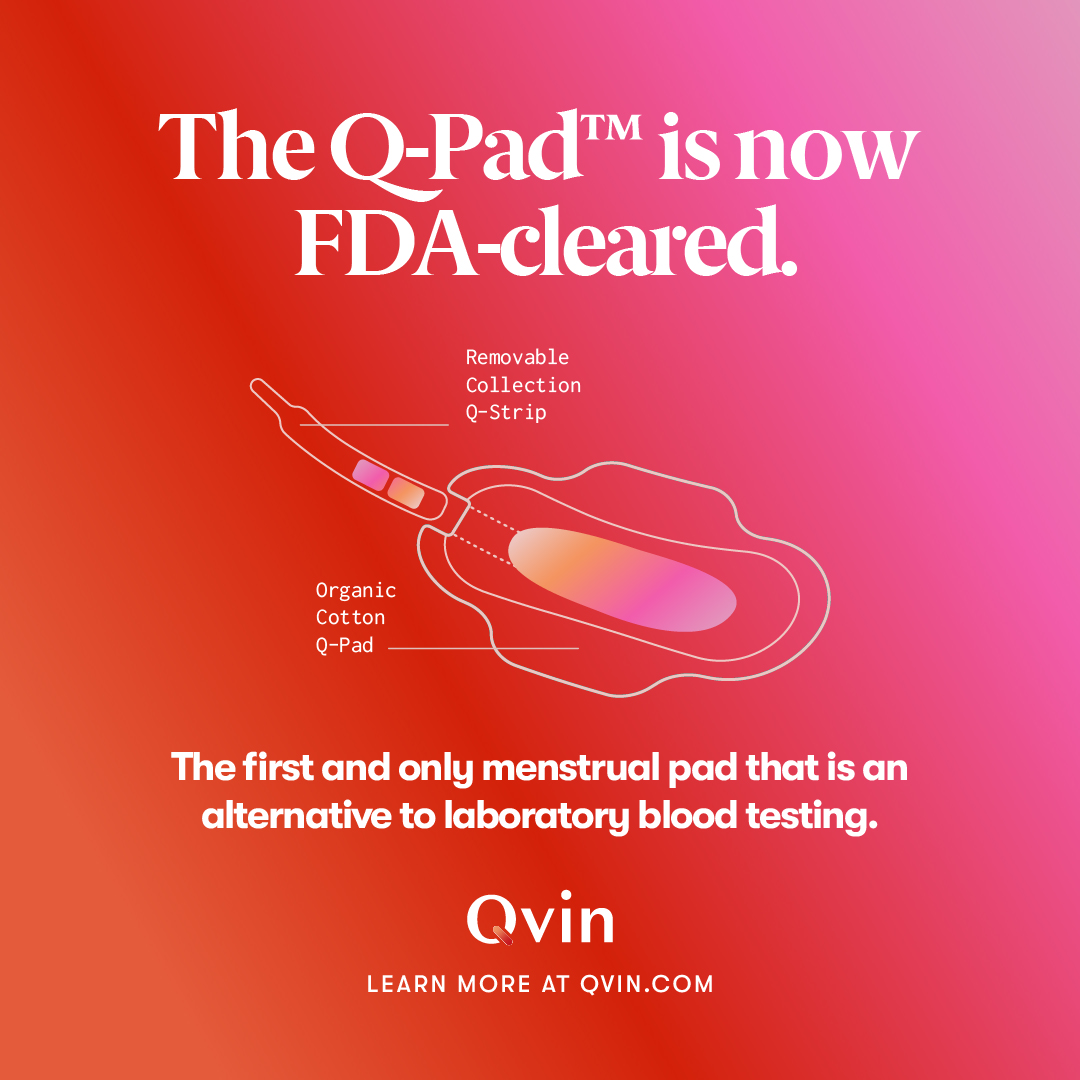 WeAreQvin's tweet image. 💪🩸 Power to the Period! The Q-Pad is now the first and only FDA-cleared diagnostic menstrual pad that provides non-invasive lab blood testing. 

Learn more at qvin.com.

#FirstandOnly #QPad #Qvin #EmpoweringWomenPeriod