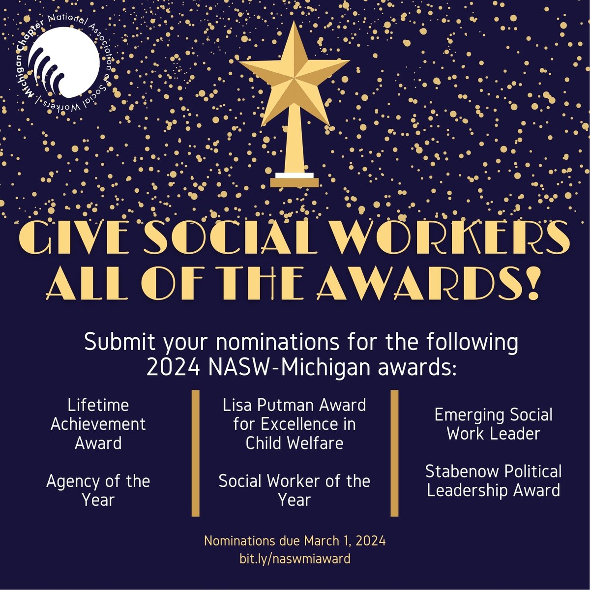 We have many shining starts in our midst, we encourage you to take a moment and nominate a social worker for an @NASWMI award! Deadline is March 1st. bit.ly/4b7YmoO