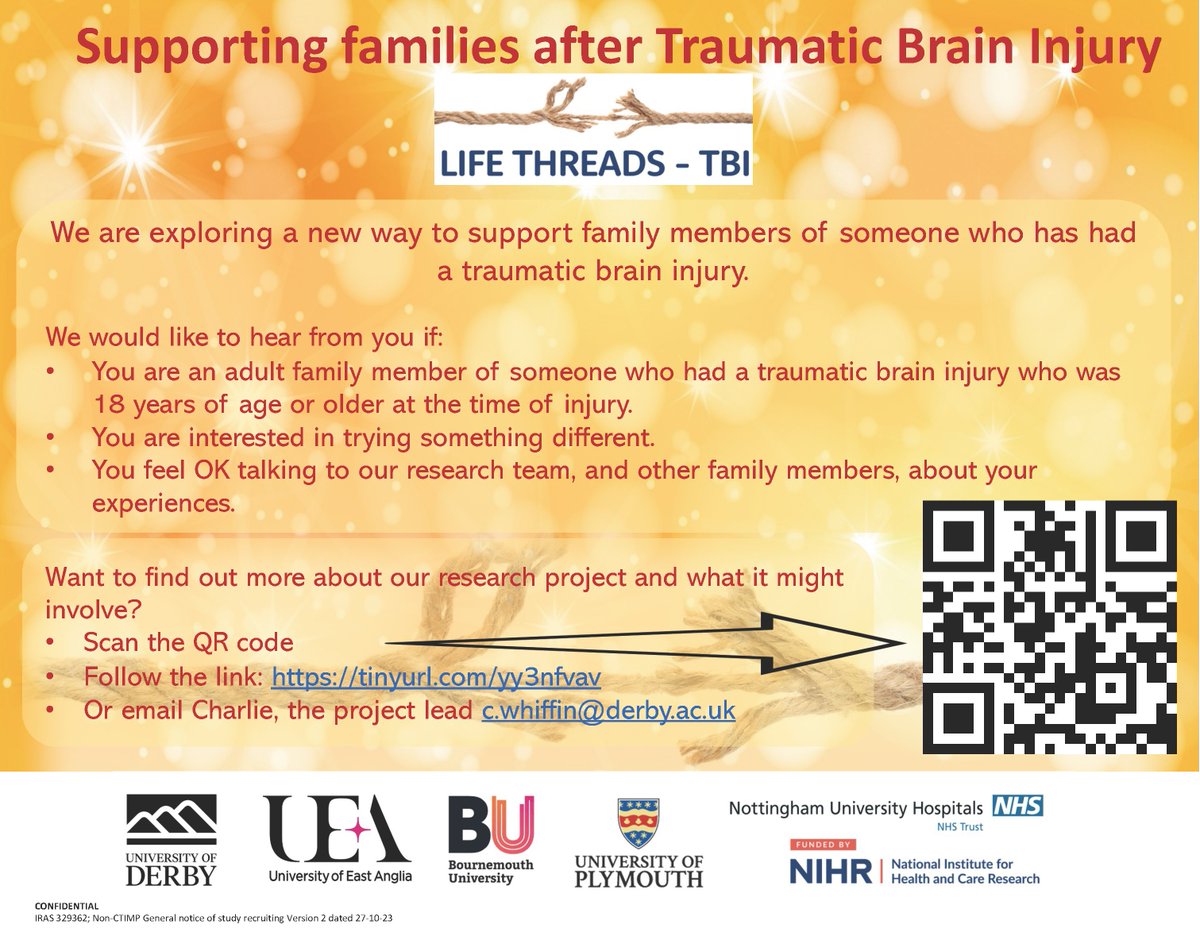 Charlie (@cjwhiffin) on Twitter photo We would like to invite family members of people with traumatic #braininjury to take part in a study. If you would like to try something new and are living in the East or West Midlands please scan the QR code to find out more <a href="/dr_f_gracey/">Fergus Gracey</a> <a href="/dralysonnorman/">Alyson Norman</a> <a href="/cellishill/">Caroline Ellis-Hill</a> We would like to invite family members of people with traumatic #braininjury to take part in a study. If you would like to try something new and are living in the East or West Midlands please scan the QR code to find out more <a href="/dr_f_gracey/">Fergus Gracey</a> <a href="/dralysonnorman/">Alyson Norman</a> <a href="/cellishill/">Caroline Ellis-Hill</a>