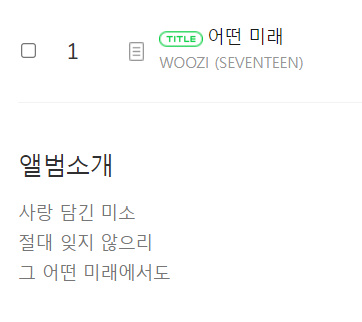 The album description for "What kind of Future" by Woozi 
"I will never forget your smile filled with love, no matter what the future"