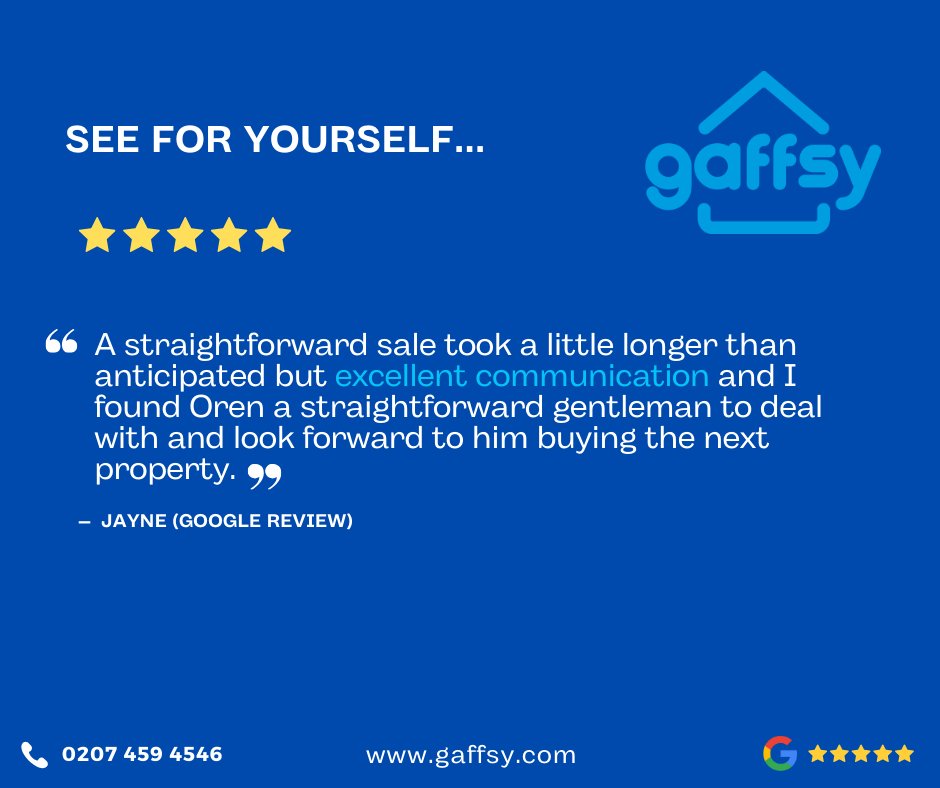 Thank you for your review, Jayne! 

Happy to have helped you with the sale of your property. 

Gaffsy, a house buyer you can trust.

#CustomerReviews #Property #cashbuyer #sellmyhome #webuyanyhome #sellmyhouse #propertybuyer