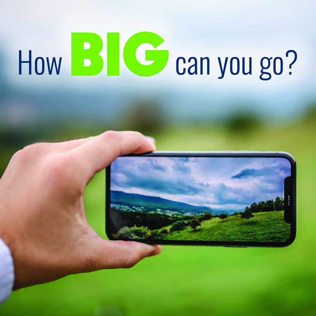 How large can you enlarge a photo from your smart phone? Generally speaking, a full frame image from an iPhone 12 will enlarge to 20x26.5 inches at 150dpi — a good resolution for posters viewed from a distance of 4 feet or more.

#LargeFormatGraphics #WallGraphics