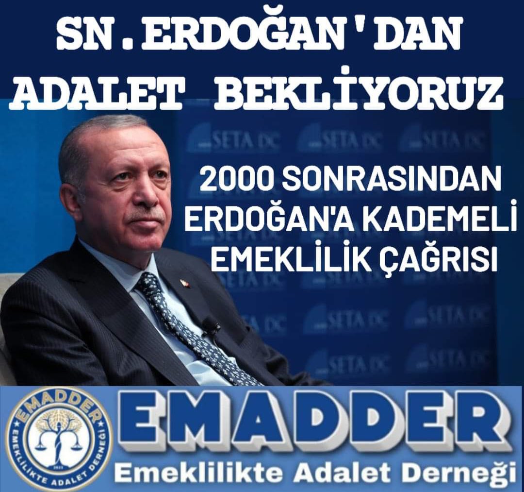 Emeklilikte Akranlar arasında
1gün için 17-20yıl fark olamaz.
Adil kademeli bir düzenleme bekliyoruz.
Kademe Anayasal hakkımızdır.
<a href="/RTErdogan/">Recep Tayyip Erdoğan</a>
<a href="/isikhanvedat/">Prof. Dr. Vedat Işıkhan</a>
<a href="/_cevdetyilmaz/">Cevdet Yılmaz</a>
<a href="/dbdevletbahceli/">Devlet Bahçeli</a>
<a href="/MhpTbmmGrubu/">MHP TBMM Grubu #MHP</a>
<a href="/Akparti/">AK Parti</a>
<a href="/MHP_Bilgi/">MHP</a>

#2000LerMecliste