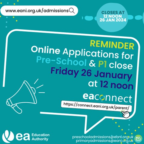 Online applications for Pre-School and Primary 1 close THIS FRIDAY 26 January at 12 noon. If you have yet to apply, please visit: connect.eani.org.uk/parent/ Deadline for submitting supporting documentation is 31 January at 4pm. #EAadmissions