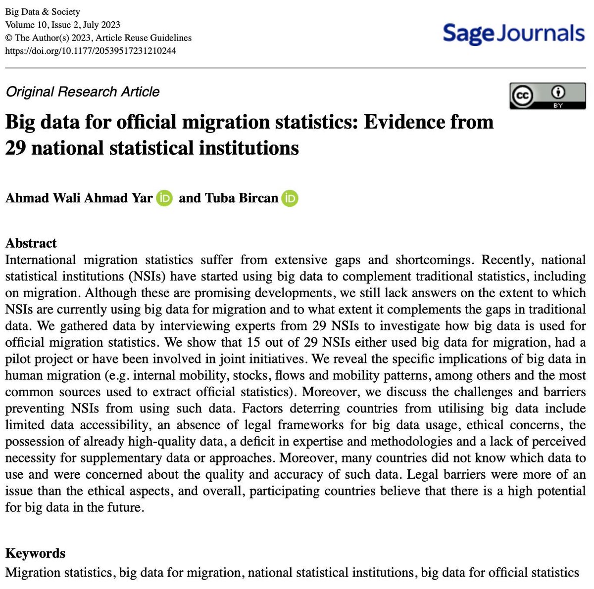 BigDataSoc's tweet photo. Check out 'Big data for official migration statistics: Evidence from 29 national statistical institutions' by Ahmad Wali Ahmad Yar (@AhmadWali_Yar) and Tuba Bircan https://t.co/h8LF2ZeASa ! #MigrationStatistics #bigDataForMigration #nationalStatisticalInstitutions https://t.co/o9UPQbxTwi