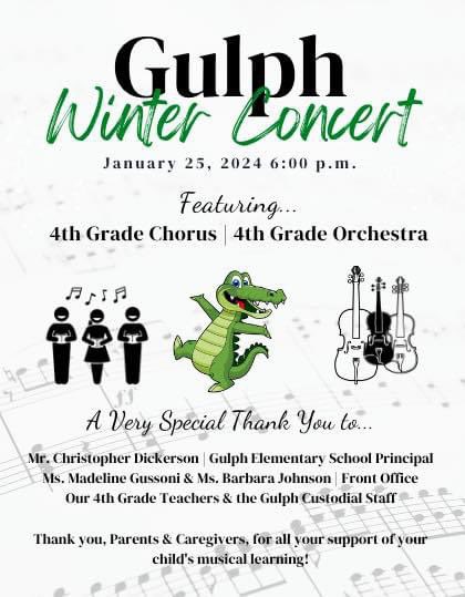 Reminder!! Tonight is the Gulph Winter Concert featuring the 4th Grade Chorus and 4th Grade Orchestra. Our students have been practicing and are ready to put on an AMAZING concert!