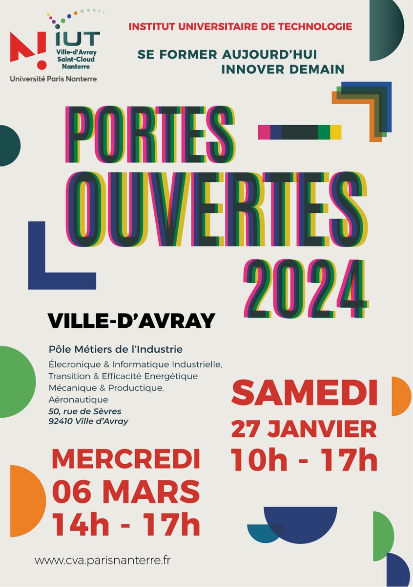 iutvda's tweet photo. 📢#JPO 2024 à l'IUT de Ville-d’Avray
🎓Explorez les départements #BUT : #GEII Génie Électrique et Informatique Industrielle, #GMP Génie mécanique et productique, #MT2E Métiers de la Transition et de l’Efficacité Energétiques, & aussi la #LP #Aéronautique https://t.co/TrdCs8kOlZ