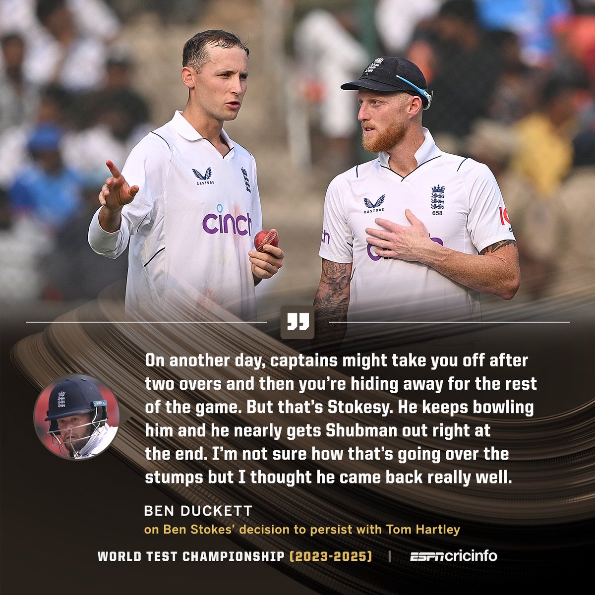 cricinfo's tweet photo. Was Ben Stokes right to keep bowling Tom Hartley despite an expensive start to his first spell in Test cricket? 

https://t.co/E6h8CMljJP | #INDvENG https://t.co/QRmgLdC0xe