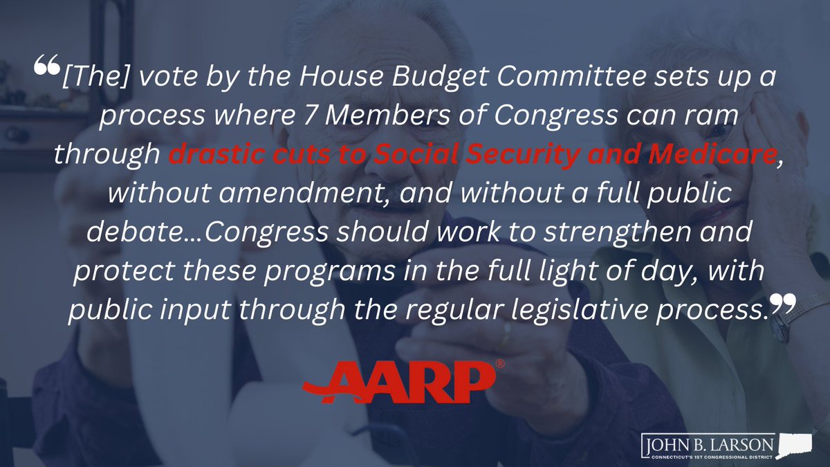 As House Republicans advance a commission to slash Medicare & Social Security, I'm standing with @AARP in speaking out to protect hard-working Americans' earned benefits. We need to protect & enhance #SocialSecurity, not cut it!