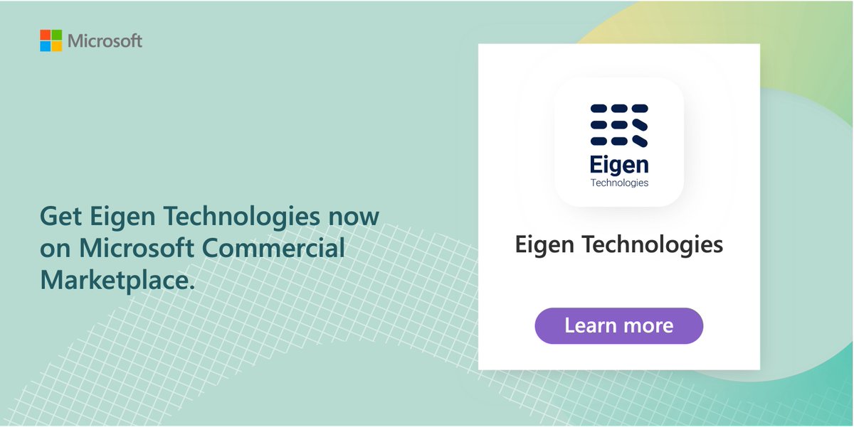 Eigen Technologies (@eigen_tech) on Twitter photo Today, Eigen is available on <a href="/Azure/">Microsoft Azure</a> Marketplace!
Now #Microsoft customers can easily find, purchase and deploy Eigen’s no-code #AI platform, directly through the Microsoft Azure marketplace.
To find out more, view our marketplace listing here: bit.ly/4b6eQOh. Today, Eigen is available on <a href="/Azure/">Microsoft Azure</a> Marketplace!
Now #Microsoft customers can easily find, purchase and deploy Eigen’s no-code #AI platform, directly through the Microsoft Azure marketplace.
To find out more, view our marketplace listing here: bit.ly/4b6eQOh.