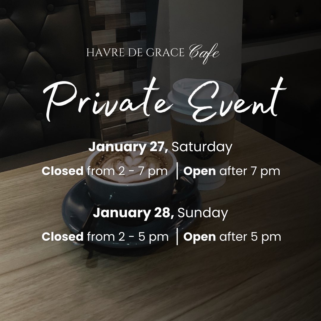 HDGCafe's tweet photo. Weekend is approaching. 😌 Have a well-deserved break and grab your favorite drink here at Havre de Grace Café! ☕️ Here’s our schedule, please take note. See you! 🤍 https://t.co/XYu6BpSdkY