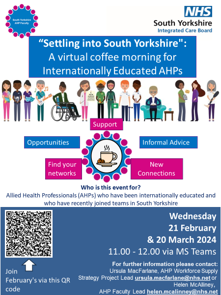 UKMacFarlane's tweet photo. 📢 Are you an AHP who has recently joined a team in South Yorkshire? Or do you know one?
☕️virtual coffee morning
🗓️ Wed 21 Feb
🕚 11 -12
🖥️🔗https://t.co/Qp9swXsddx
💫 No need to register, just come along 
#AHPRetention https://t.co/xHZBD3ZDNX