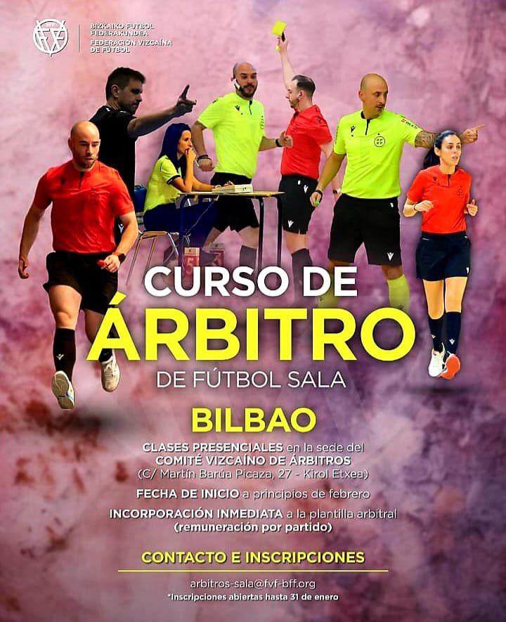 fvf_bff's tweet photo. El Comité Vizcaíno de Árbitros de Fútbol Sala imparte en febrero un curso gratuito para colegiad@s y asistent@s que se celebrará en la Kirol Etxea de Miribilla. Para inscribirse enviar un email a arbitros-sala@fvf-bff.org . Incorporación inmediata tras su finalización. https://t.co/dc0gpHD01M