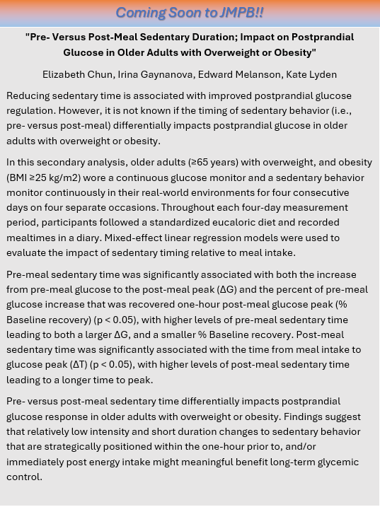 🪑Does the timing of #sedentarybehavior impact postprandial glucose in #olderadults with overweight or obesity? 📈Researchers used #continuousglucosemonitoring + sedentary behavior monitoring to investigate. Full article coming soon; check out the abstract now: