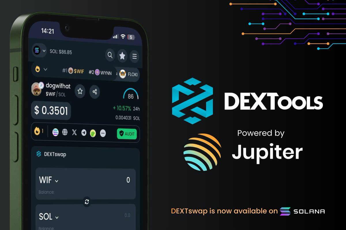 DEXToolsApp's tweet photo. Hi $DEXT Community!

🔄 Our DEXT Aggregator (#DEXTSwap) is now available on @solana! 
🤝In collaboration with @JupiterExchange we bring you this next step for us. 
🪪 Supported wallets: @solflare_wallet, @TrustWallet and @phantom. 
🛡️DYOR and Trade safe. https://t.co/GqHEXu4MwR