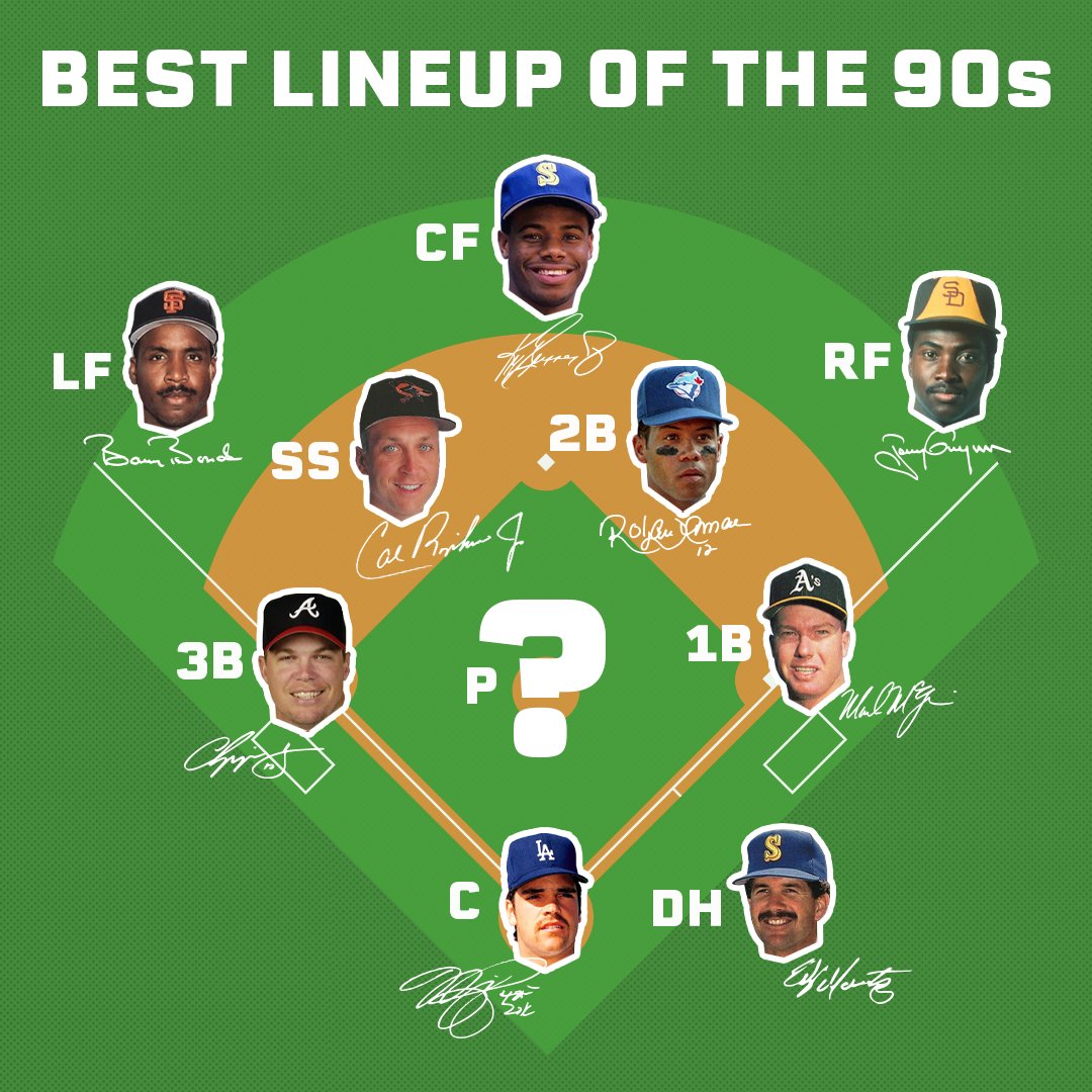 PristineAuction's tweet photo. The All 90's Baseball Team! Who should be the Starting pitcher? 🤔 

#90sBaseball #VintageMLB #ThrowbackBaseball
#NinetiesDiamondStars #SteroidEra https://t.co/9vPgjww7D7