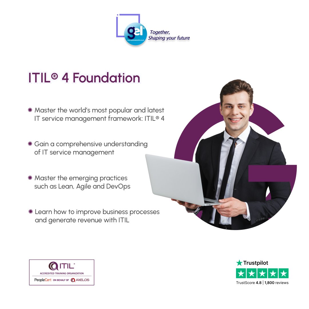 Transform your career path with ITIL® 4 Foundation – your key to mastering the art of modern IT Service Management. Your chance to upskill, boost your efficiency, and become the go-to expert in the digital age. Ready to redefine your success? Enrol now - globaledulink.co.uk/course/itil-4-…
