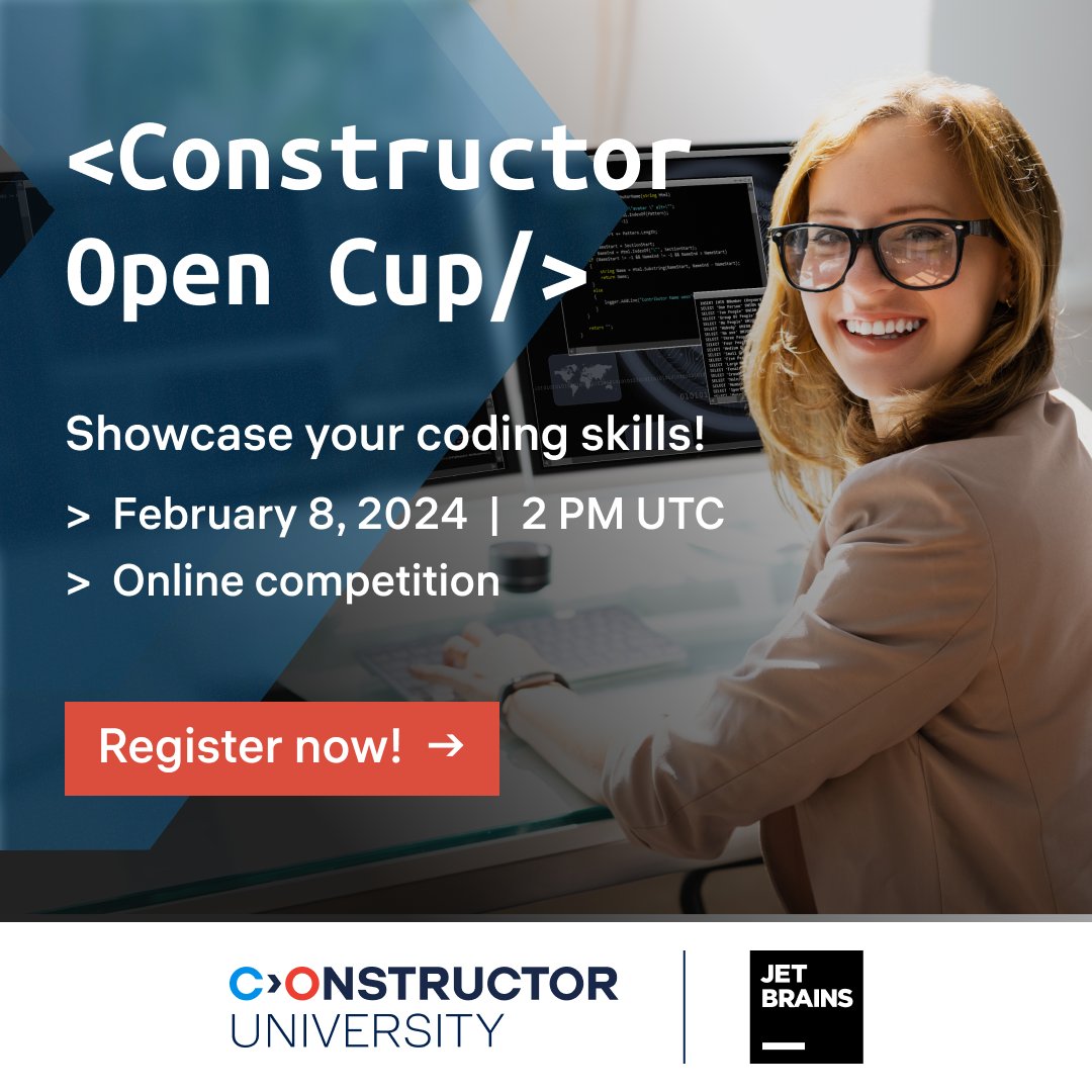 Join Constructor Open Cup, a 4-hour coding challenge by Constructor University & @JetBrains_Edu 🏆Win a bachelor's degree scholarship and surprise gifts! 📅Feb 8, 2024, 2 PM (UTC). Register now! ▶️tinyurl.com/4cmwhzw8
