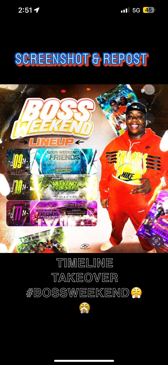 LifesGoodPrinn's tweet photo. 🥶#BOSSWEEKEND 🥶 &amp; ALL MY FRIENDS ✅

🎯FEBRUARY 9TH - FEBRUARY 11TH🎯

🏆PAY ATTENTION🏆

🎆FRIDAY KICKOFF ➡️ LEGENDARY SPORTS LOUNGE (CAMDEN) W/ Treacy Treacy

🎆SATURDAY OFFICIAL BASH➡️ JUNGLE 🦁(GLYNN) W/ THE GANG ⬅️

🎆SUNDAY SUPER BOWL DAY PARTY https://t.co/wwXdHtBRXx