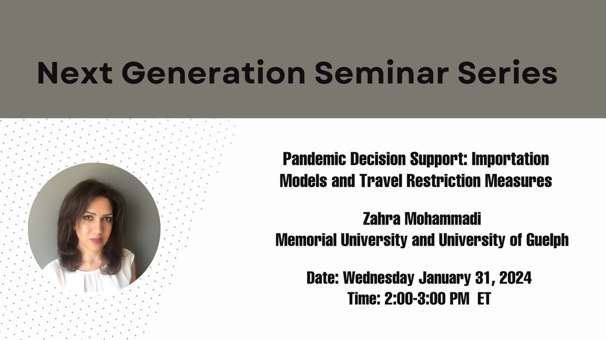 Mathematics for Public Health (@m4publichealth) on Twitter photo Join us <a href="/MfPHNextGen/">MfPH Next Generation</a> for an interesting talk by Dr. Zahra Mohammadi of <a href="/uofg/">University of Guelph</a> & <a href="/MemorialU/">Memorial University</a>. It's scheduled for January 31 at 2 PM ET. For more info & registration: tinyurl.com/4eey7n7p Join us <a href="/MfPHNextGen/">MfPH Next Generation</a> for an interesting talk by Dr. Zahra Mohammadi of <a href="/uofg/">University of Guelph</a> & <a href="/MemorialU/">Memorial University</a>. It's scheduled for January 31 at 2 PM ET. For more info & registration: tinyurl.com/4eey7n7p
