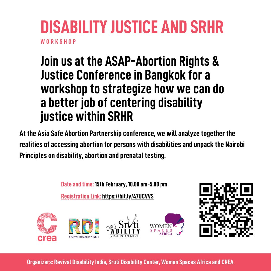 If you are attending the ASAP #ARJC in Bangkok, join us for a workshop! This space aims to bring together #reproductivejustice and #disabilityjustice activists, and all of us who are working at this intersection to share experiences. Register here: surl.li/ptkwx