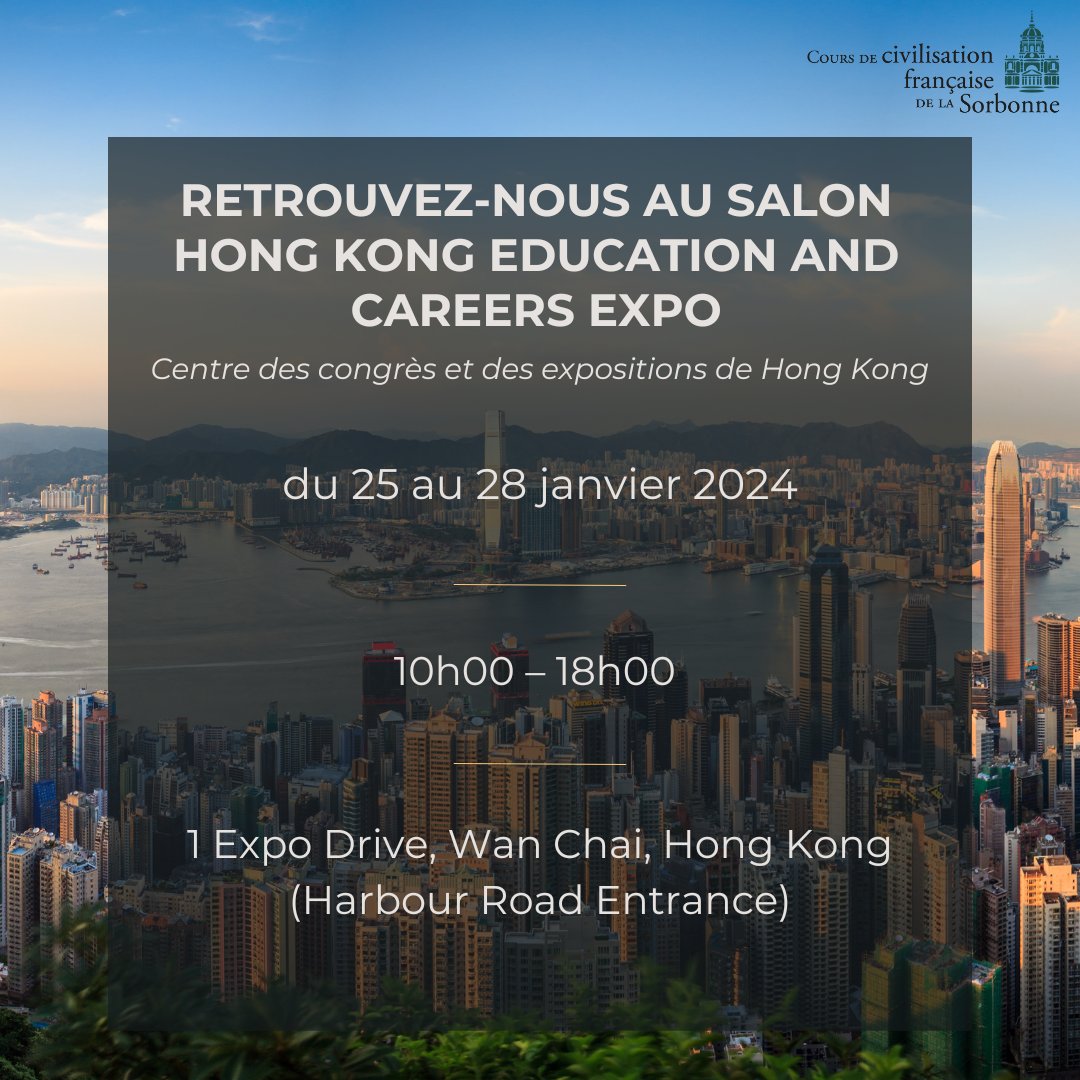 ccfsorbonne's tweet photo. 🎓✨ Salon Hong Kong 2024 ! ✨🎓
Les CCFS seront présents du 25 au 28 janvier au salon de Hong Kong. 🇫🇷🇭🇰
Venez nous rencontrer et en apprendre davantage sur les opportunités exceptionnelles que nous proposons pour enrichir votre parcours éducatif.
.
.
#HongKong #fle #education https://t.co/gcCpgeE3ss