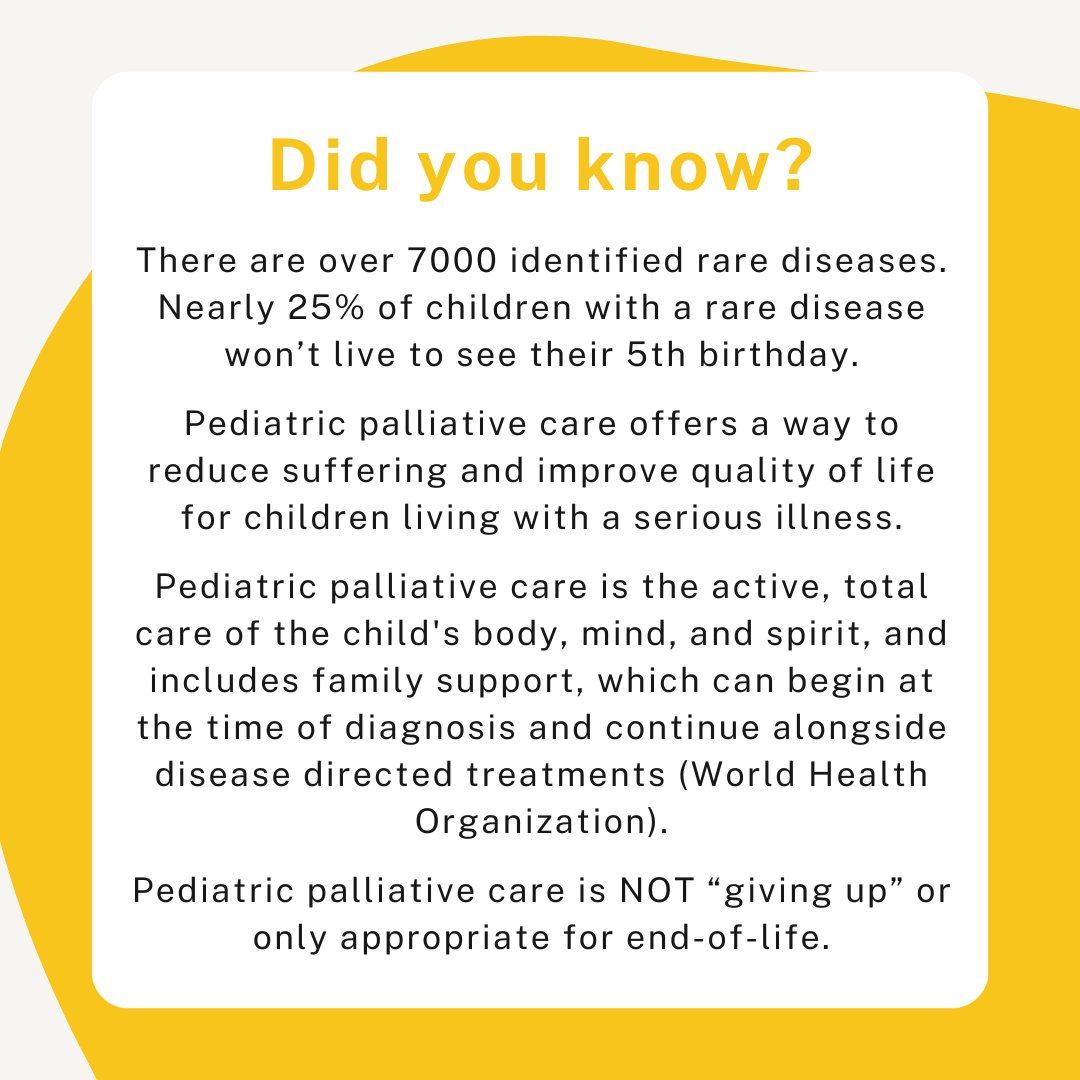 rarediseasefdn's tweet photo. Pediatric palliative care is often misunderstood to mean solely “end-of-life care” or “hospice care.” Pediatric palliative care can include end-of-life care and hospice care, and many more types of care too. So what is pediatric palliative care?

See below for more👇 https://t.co/D3vHcEGPJu