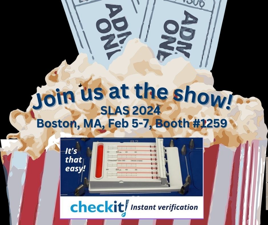 Grab  your popcorn, because you're in for a treat! At Booth #1259, see how  the Checkit Go can verify the accuracy of your robot in seconds, and how  the new Checkit Recorder captures, records and reports on the pipetting  accuracy. Also, you are invited to attend a presentation