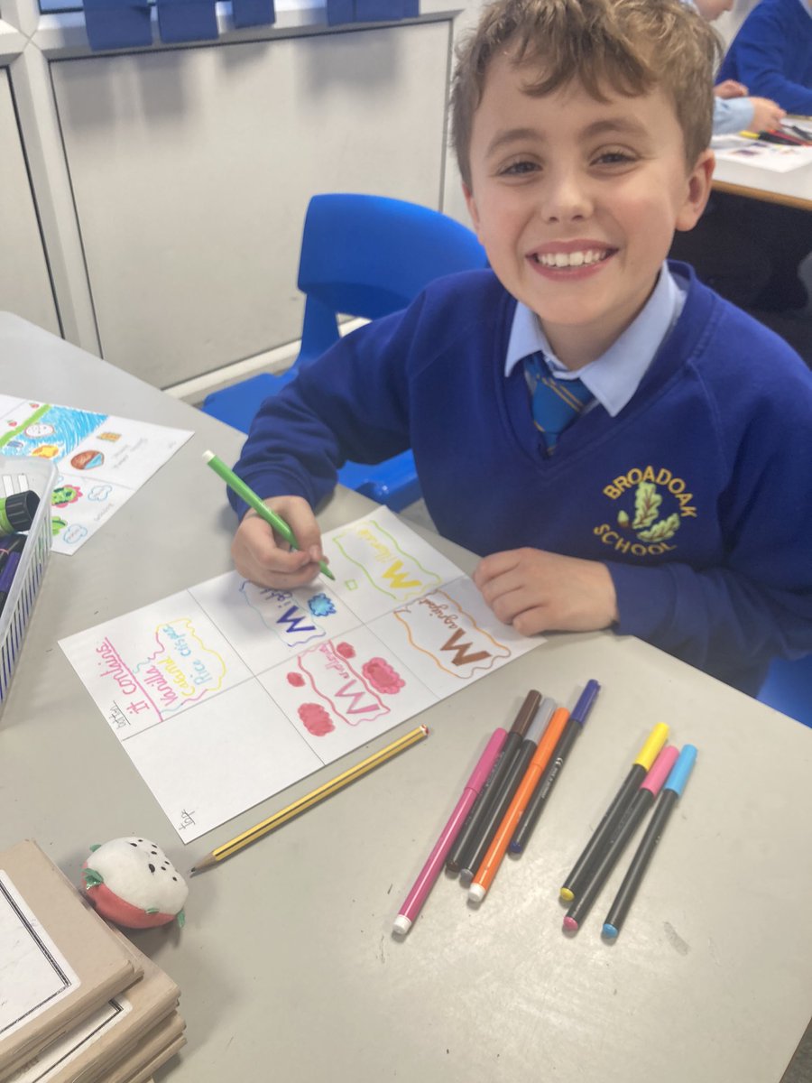 Broadoak_Year4's tweet photo. We’ve had a lovely day writing persuasive adverts and designing and creating chocolate boxes in preparation for our yummy chocolates. 4W were even treated to a performance by our very own Mr Wonka! https://t.co/e0FHRovfAE