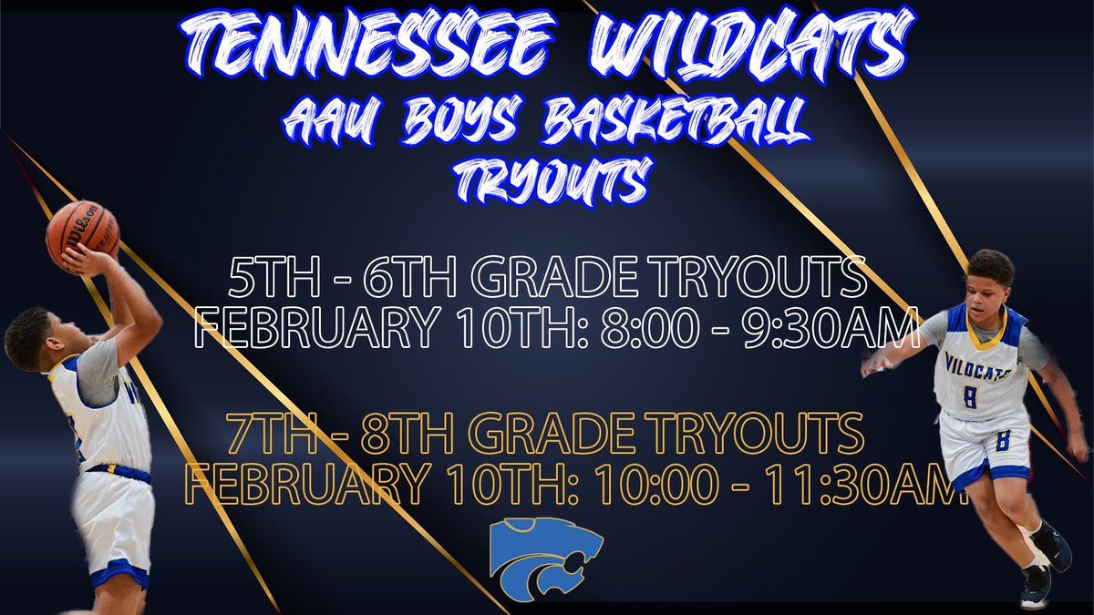 🚨AAU TRYOUTS🚨

The Tennessee Wildcats will be having tryouts for the upcoming AAU season‼️

🗓 February 10, 2024

⏰ 8-9:30am 5-6th 

⏰ 10-11:30am 7-8th 

📍Wilson Central High School Gym

⛹🏼‍♂️ 5th-8th Grade ⛹🏼‍♂️

🔗: acrobat.adobe.com/id/urn:aaid:sc…