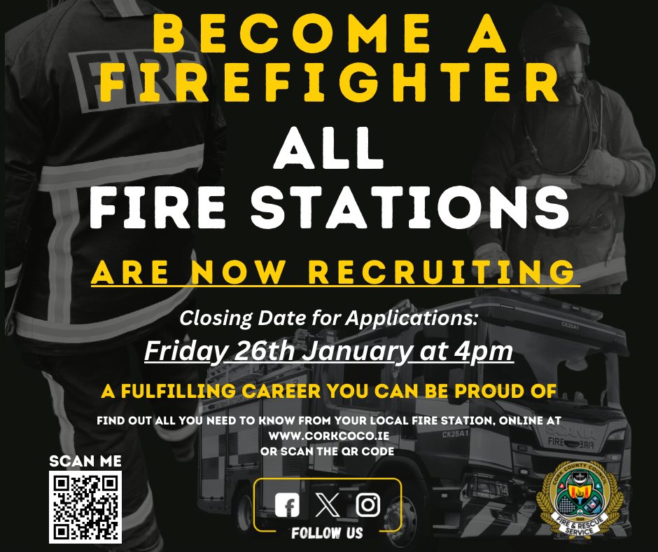 🚨 FINAL CALL 🚨

Deadline for applications for ALL fire stations in Cork County is tomorrow (Friday 26th) at 4pm! 

You still have time to apply online just click on the link below ⬇️ 

tinyurl.com/2akmcavv

#fireservice #recruitment #CorkJobs #joinus
@Corkcoco