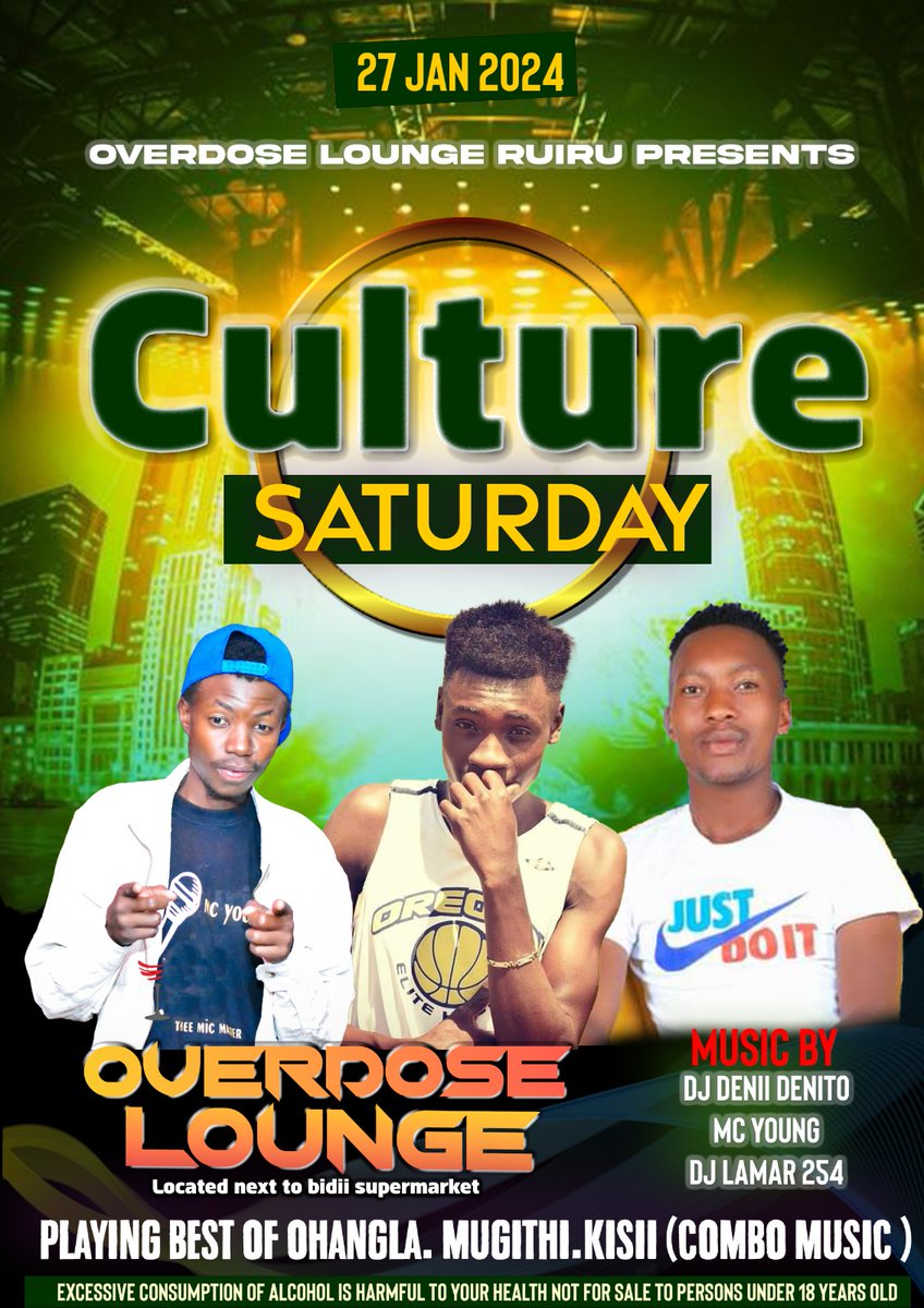 Saturday we take the party to Ruiru town 🔥 All roads lead to OVERDOSE LOUNGE for #culturesaturday 
Come through for amazing vibes featuring Dj lamar 254 . Mc young along DJ DENII DENITO Playing best of combo music 🎶🎶
#mtotowasisi  #overdoselounge #THEREFLECTOR #djdeniidenito