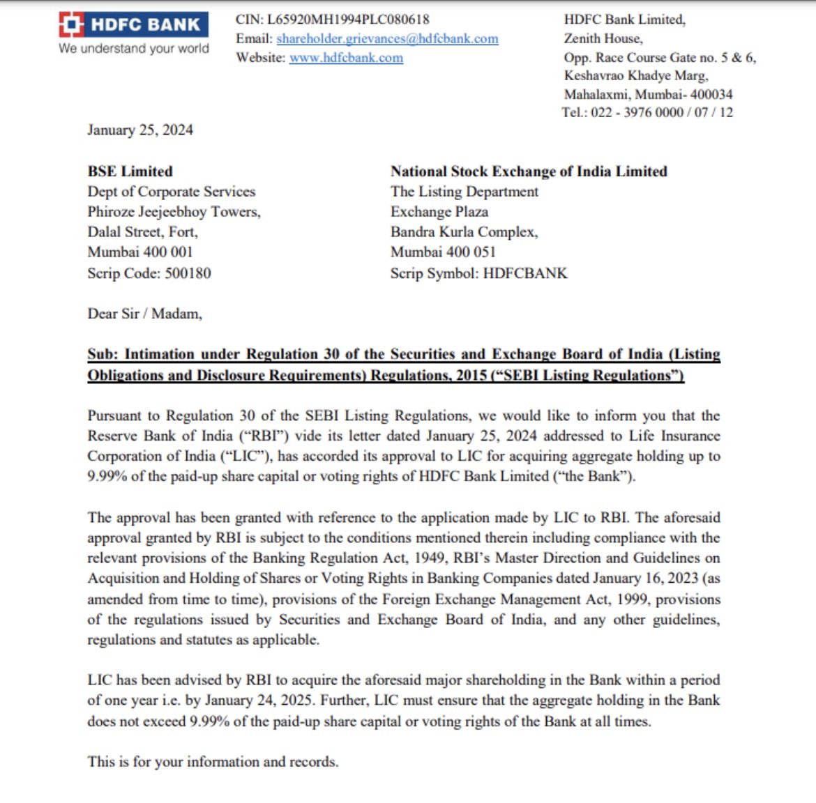 RBI allows LIC to acquire up to 9.99% holding in #HDFCBANK within a period of one year i.e. by January 24, 2025

#dhanvifinserv #sharemarketindia #Dhanvi #sharemarketnews #intraday #bse #niftyfifty #StockMarketindia #hdfcbankshare #HDFC #licofindia #StockInvestment #stockinfocus