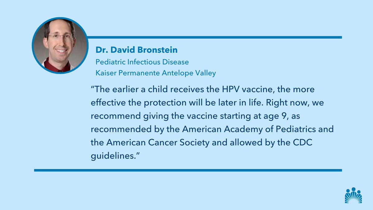 In most cases, #cervicalcancer is caused by HPV. Dr. David Bronstein, pediatric infectious disease <a href="/KPAVThrive/">Kaiser Permanente Antelope Valley</a>, explains the earlier a child receives the vaccine, the more effective the protection will be later in life. #CervicalCancerAwarenessMonth
