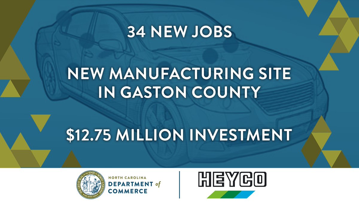 NEWS: HEYCO-Werk USA Inc. will create 34 new jobs in #GastonCounty. The #AutomotiveIndustry plastics molder will invest $12.75+ million to build a new manufacturing site in #Gastonia.
Details: bit.ly/3Sx6Sq3
#EconDev #RuralDev #Mfg