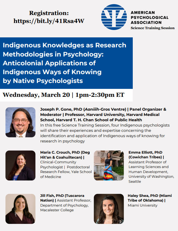 Indigenous Knowledges as Research Methodologies in Psychology, a webinar by the American Psychological Association, is being held online on March 20, 2024, at 11 am.

Register here:
 
bit.ly/41Rsa4W

#Psychology #IndigenousKnowledges #FirstNations #Métis