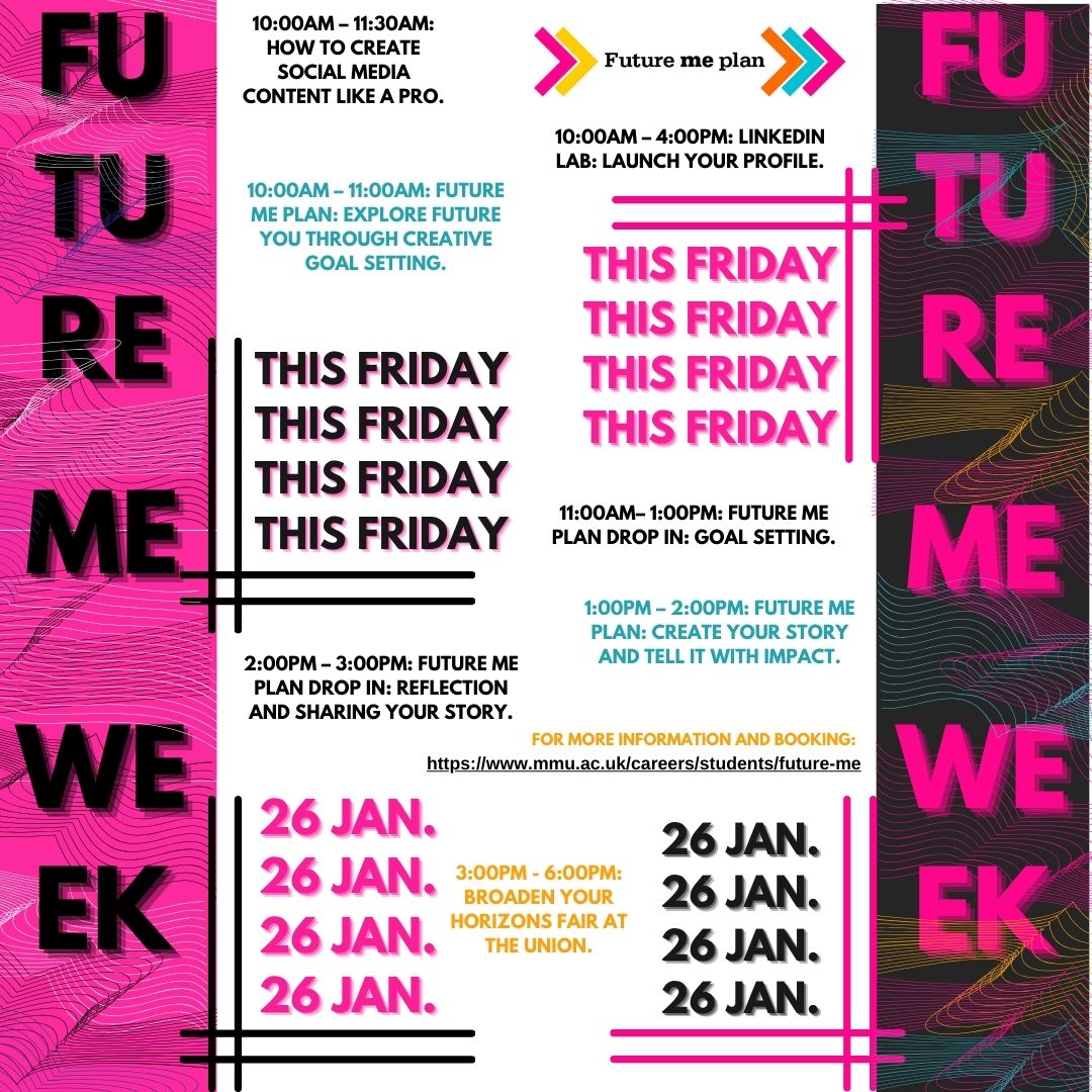 manmetcrimsoc's tweet image. End the week with a confidence boost and new knowledge for the future through a range of sessions. Remember: these sessions are for all students at all levels of study!
For more information and booking: mmu.ac.uk/careers/studen…
#mmu #manmet #manmetuni #futureme #RISE  #Careers