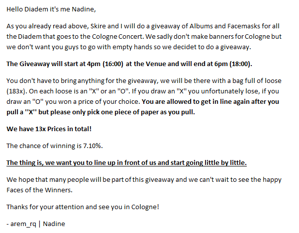 arem_rq's tweet image. ATTENTION #DIADEM ‼️ 🗣️📢

@skire_d26 and I are giving away albums and signed face masks for the concert in Cologne!

We have 13x prizes for you!
It's for everyone and FREE!

More details in the image below

#rollingquartzincologne 🇩🇪
#다이아뎀 #RollingQuartz #롤링쿼츠