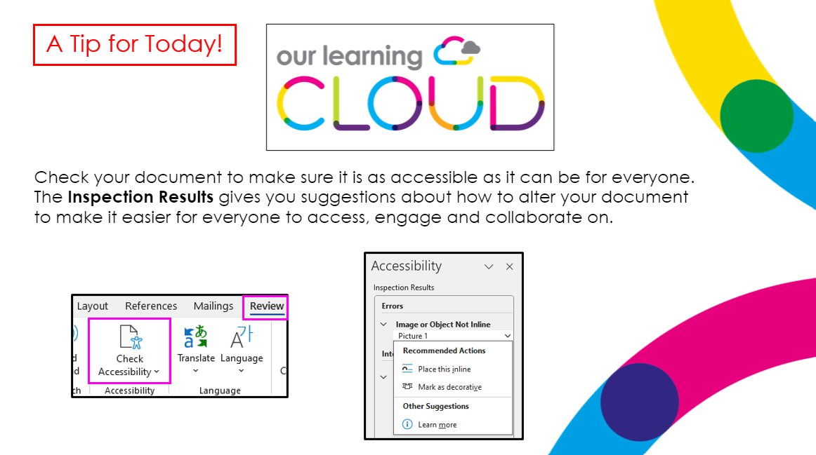 A Tip for Today!

There are lots of #accessibility features and tool across #Microsoft365 

Here's an example from #OLC_TFT below
Follow for more great tips!
